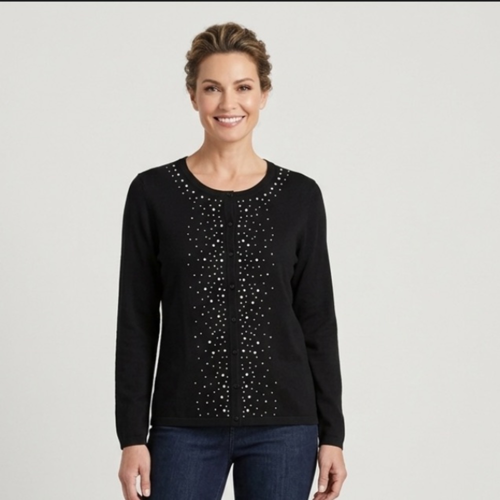 Chicos Cardigan Sweater Pearl Beading Long Sleeve Size 3 Black